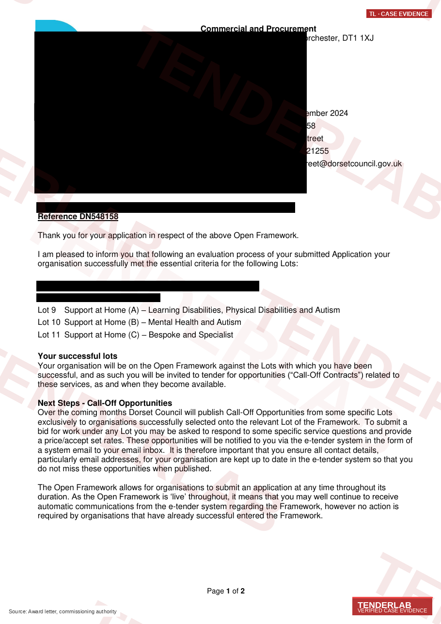 Award letter — Dorset Care, Support, Housing and Community Safety Open Framework 2024 : Five Lots